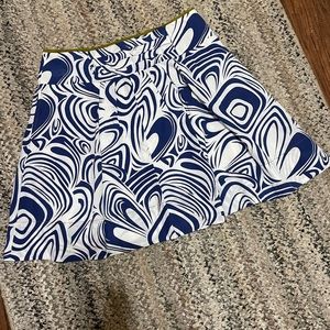 CAbi Womens White Blue Pleated Full Rayon/Cotton Knee Length Skirt